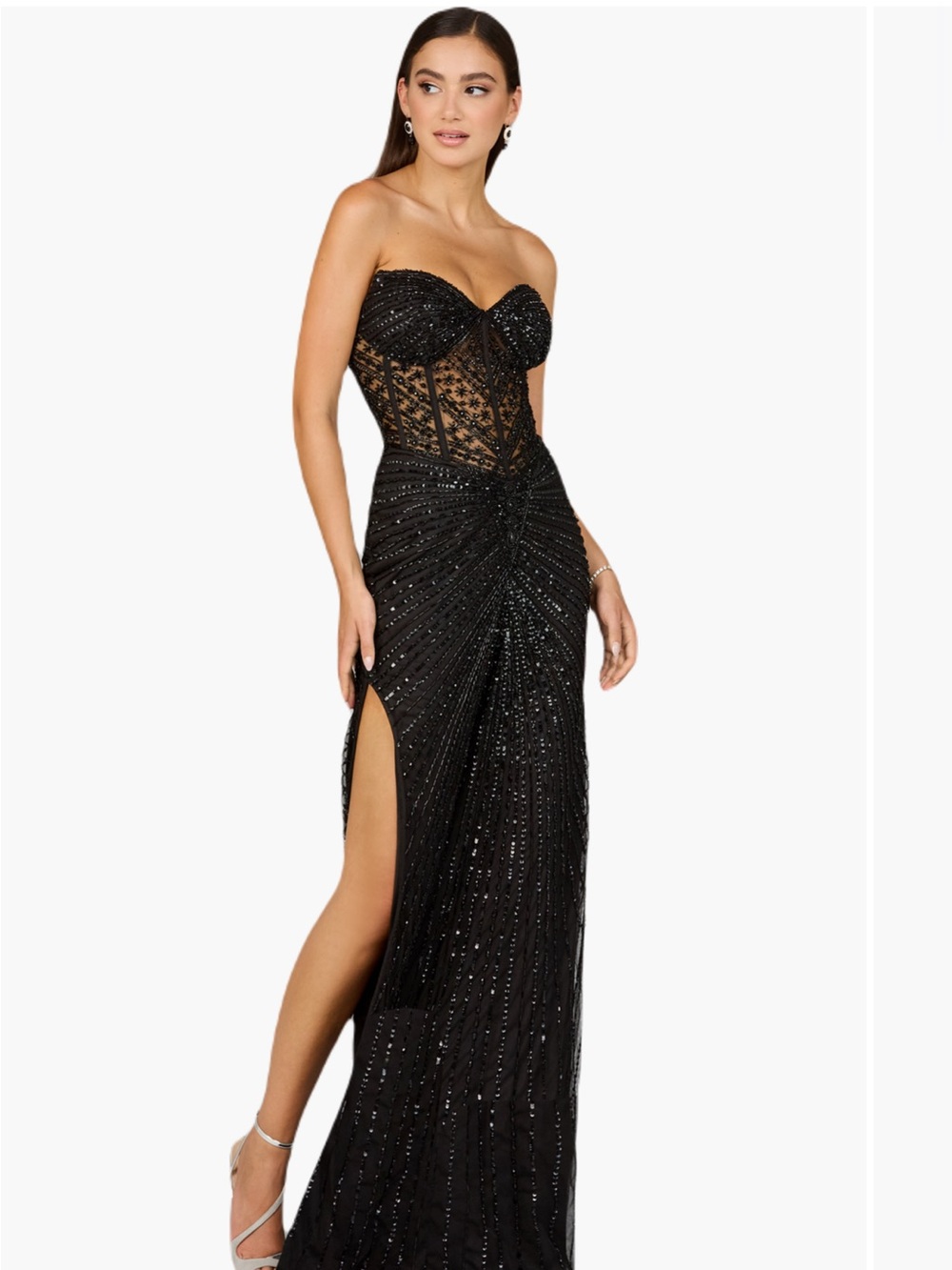 Lara Black Strapless Sequin Corset Gown with Side Slit